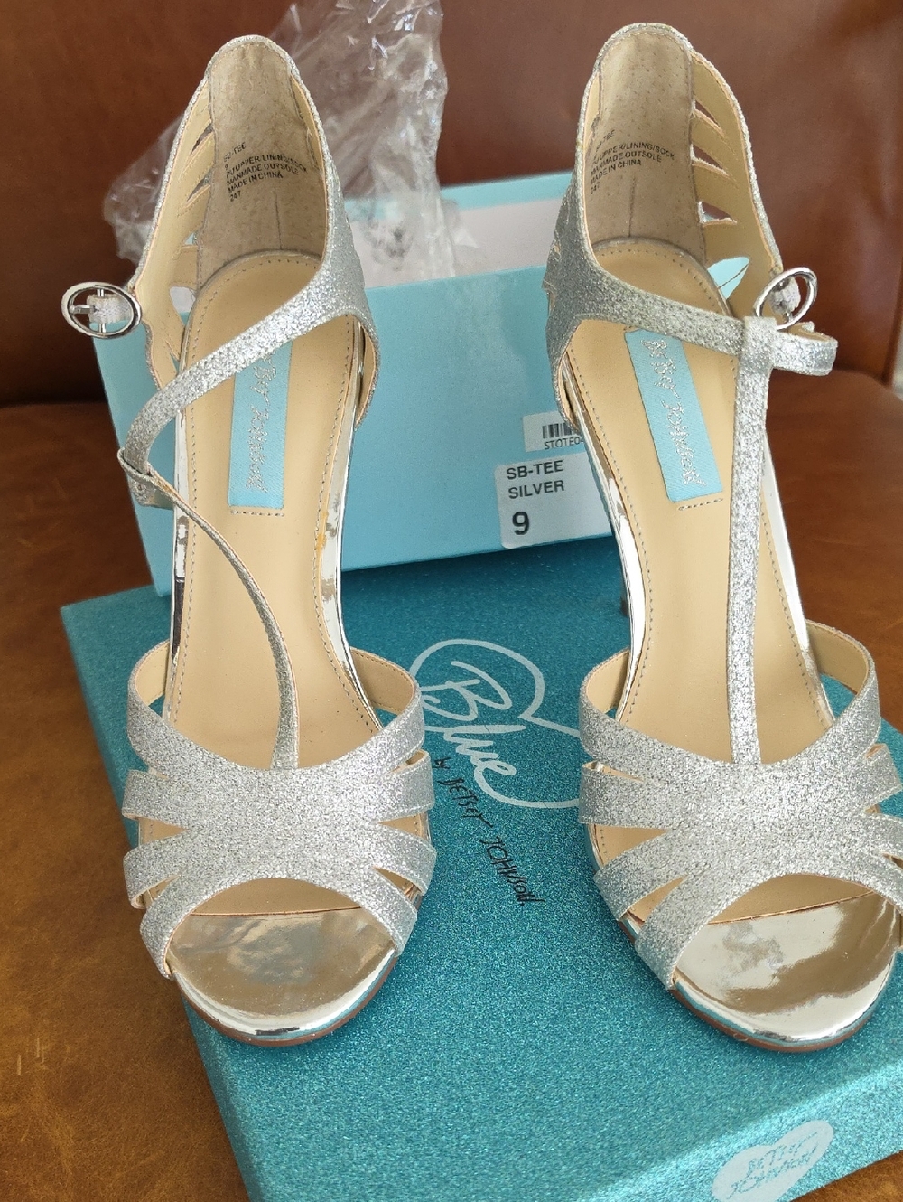 Blue by Betsey Johnson Silver Glitter Strappy T‑Heel Sandals